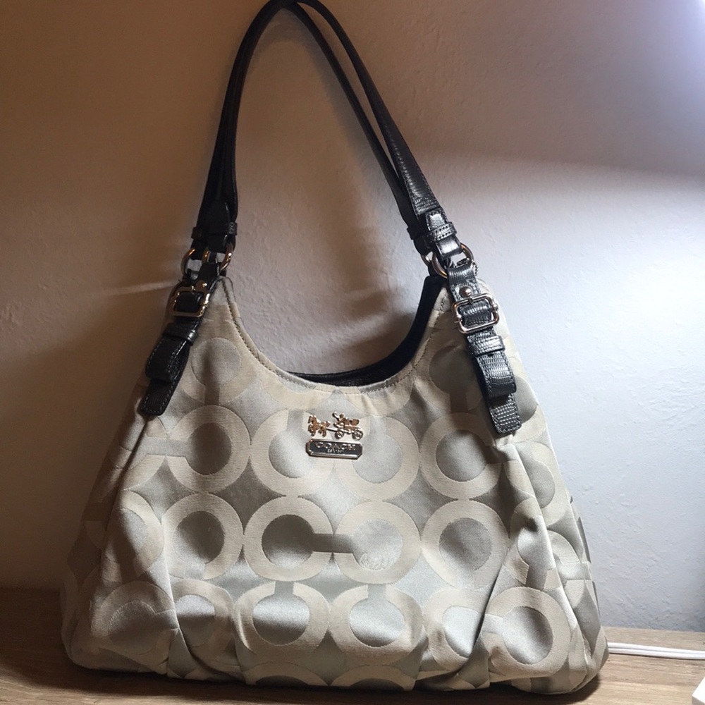 Coach Madison Silver-Grey Purse with Purple Lining
